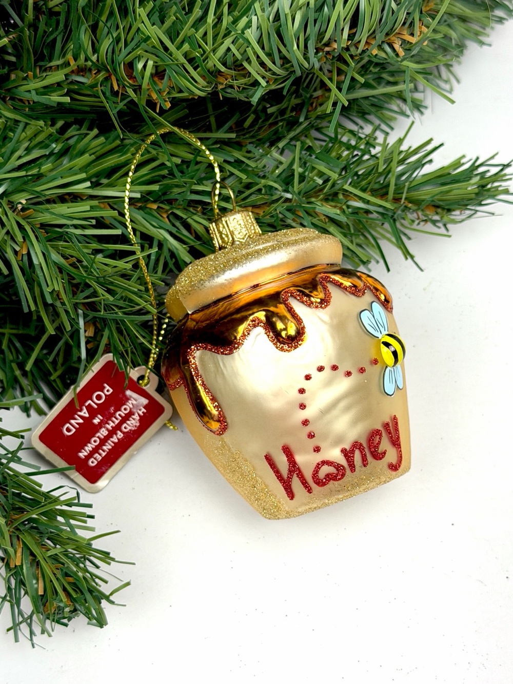 Glass Christmas Ornament Gold Glittered Honey Pot with Detailed Bee Poland